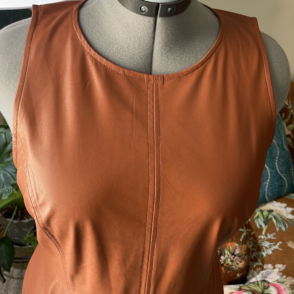 Ann Taylor Loft Cognac Brown Sleeveless Faux Leather Flare Dress - Size 12 - Picture 5 of 12